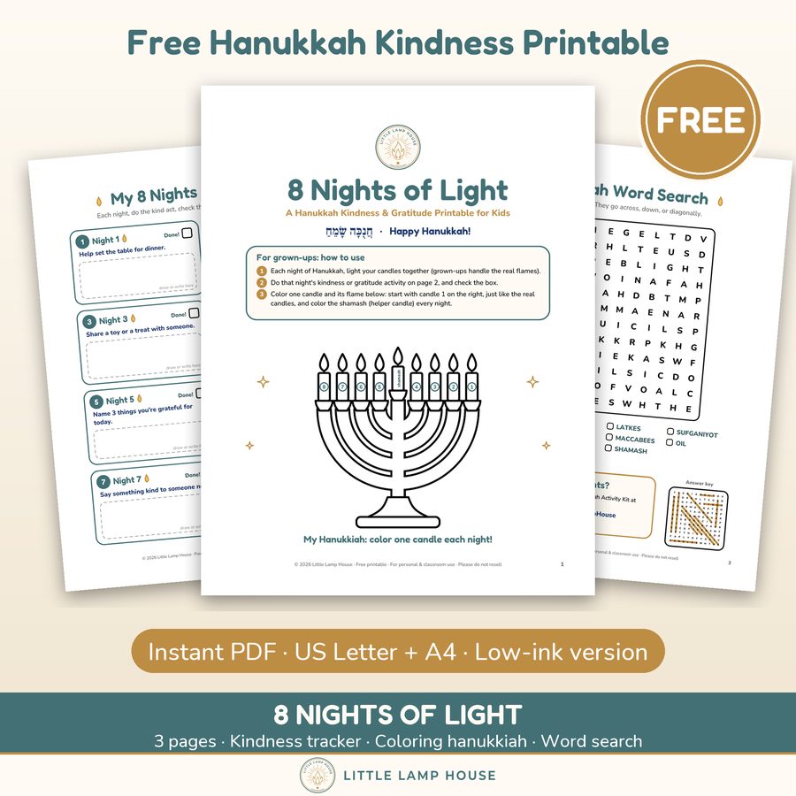 8 Nights of Light free printable: coloring menorah, kindness tracker and word search